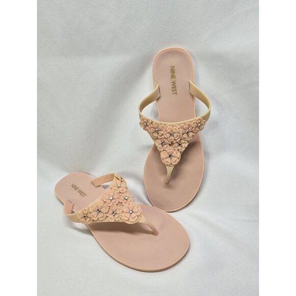 Nine West Pink Flower Embellished Thong Sandals Slip On Flip Flops Size 6 Womens - Picture 1 of 14